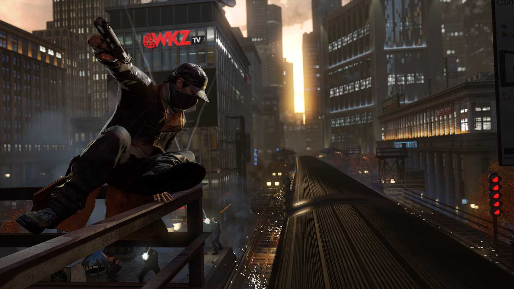 Watch dogs character crouched over a passing train in chicago