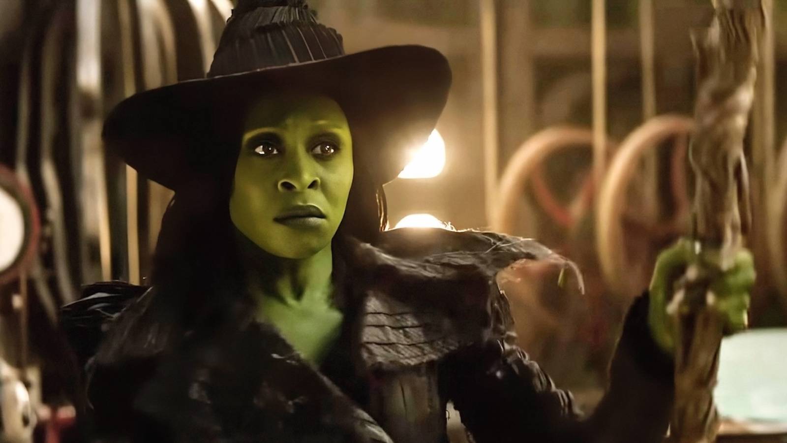 Cynthia Erivo as Elphaba holding her broom in Wicked: For Good