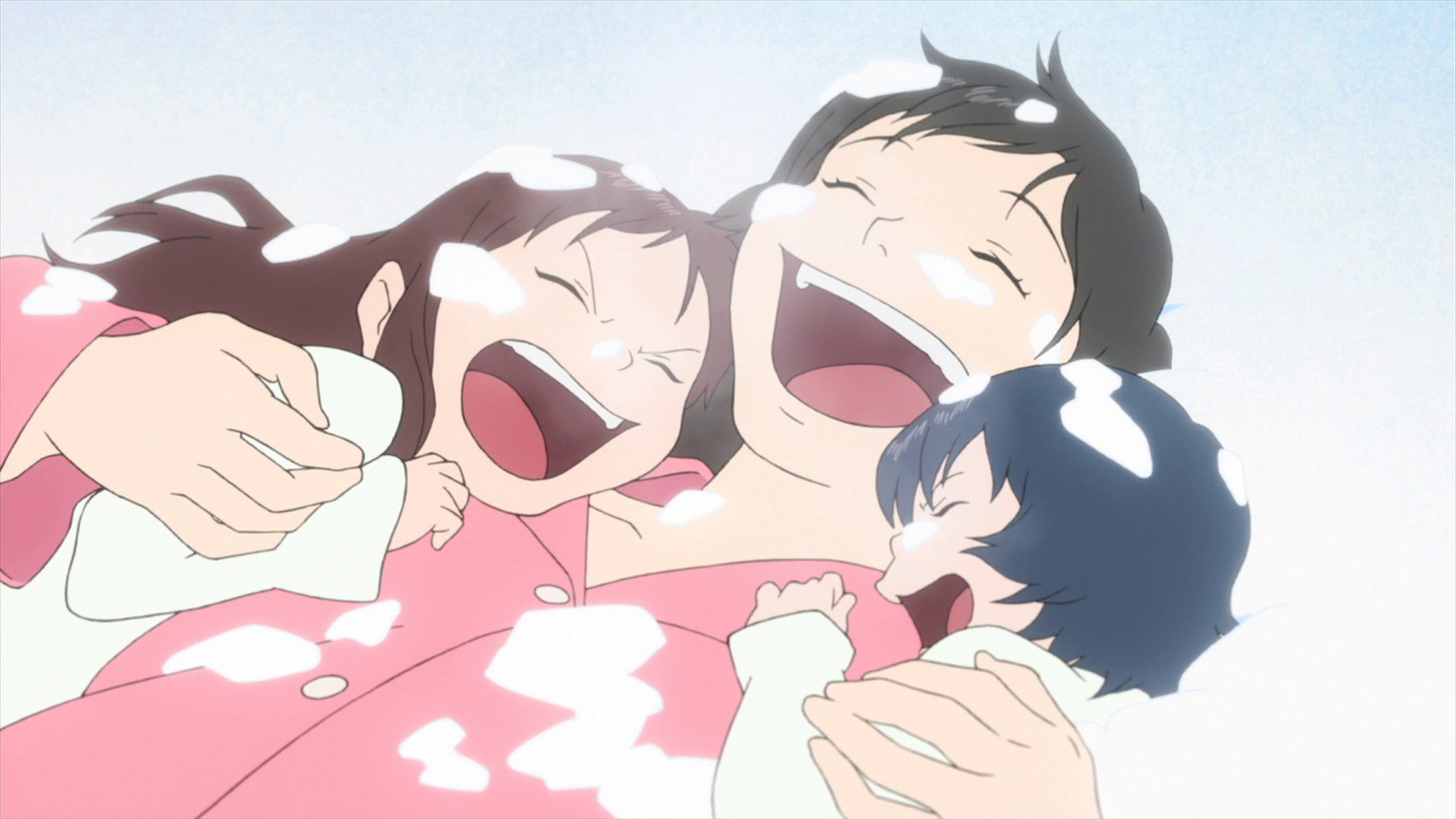 Wolf Children Hana, Yuki, and Ame laughing in the snow