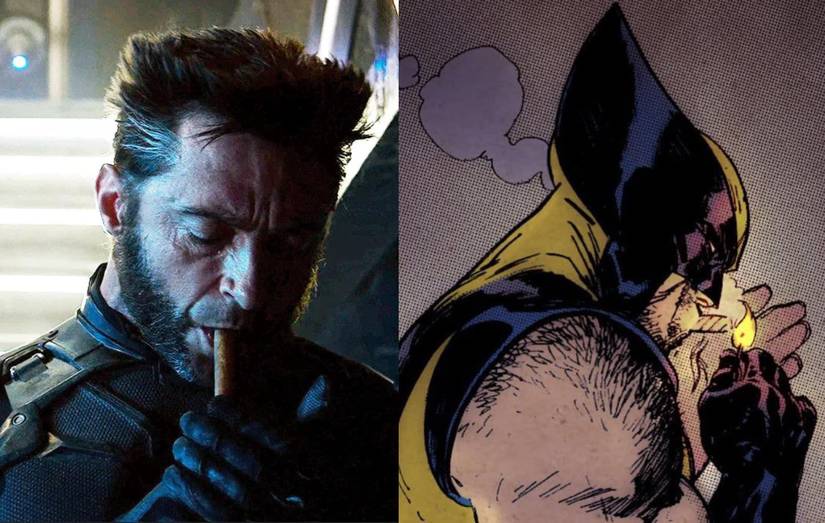 Wolverine lighting a cigar in live-action and comics