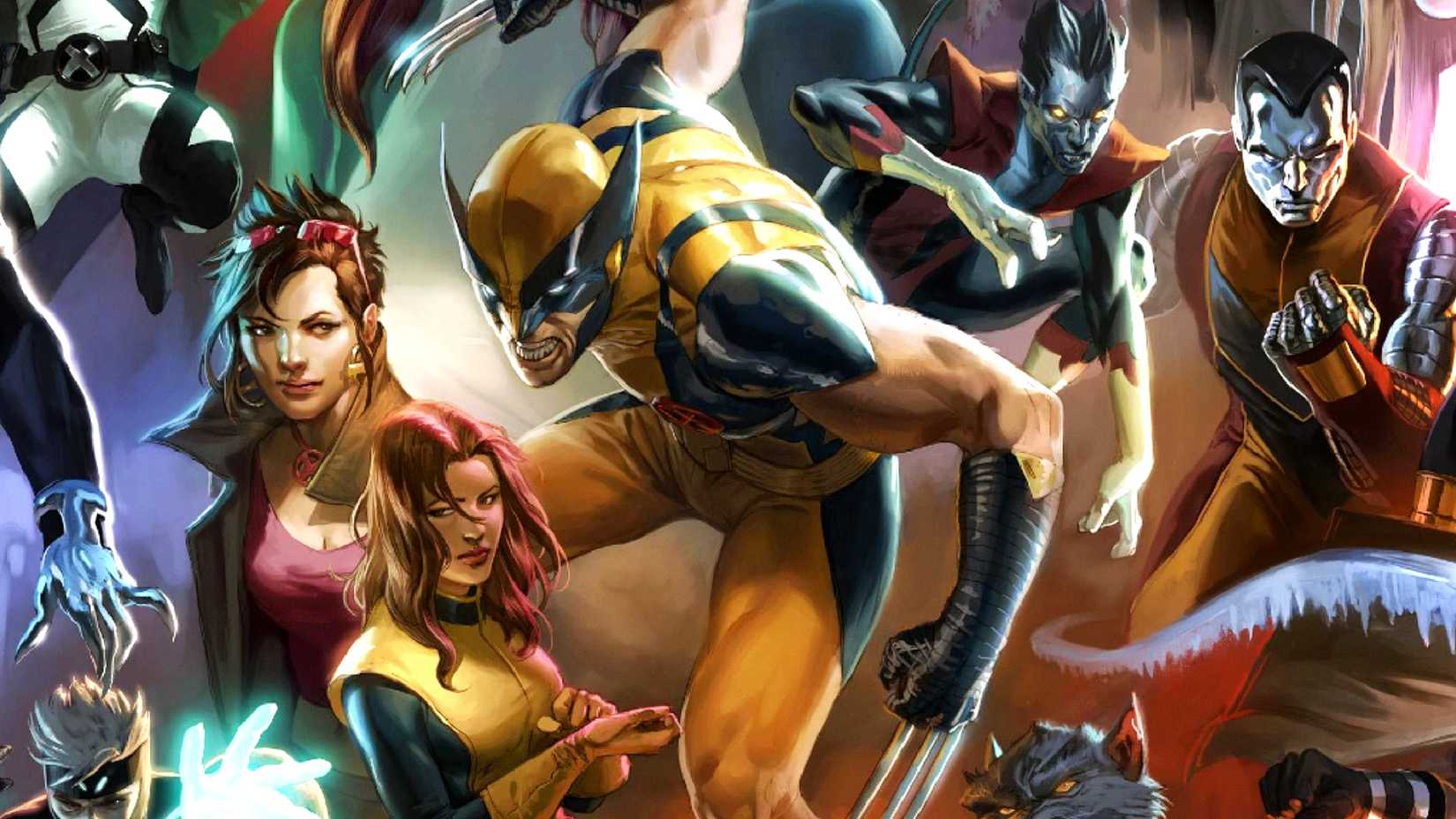 Wolverine prepares to fight surrounded by X-Men like Nightcrawler, Jubilee, Colossus, and Kitty Pryde