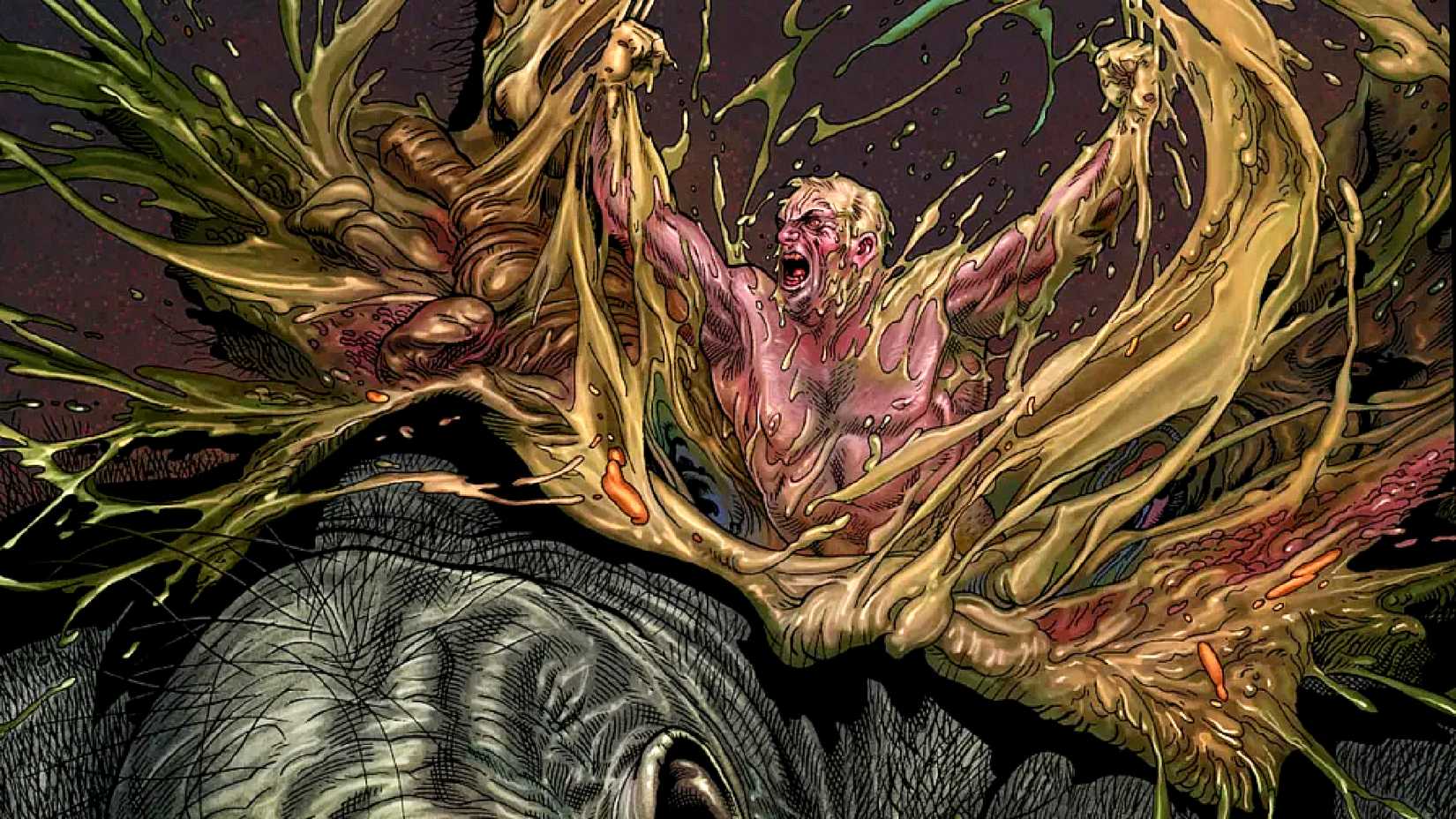 Wolverine abre caminho para fora do corpo do Hulk, espalhando tripas por toda parte em Old Man Logan