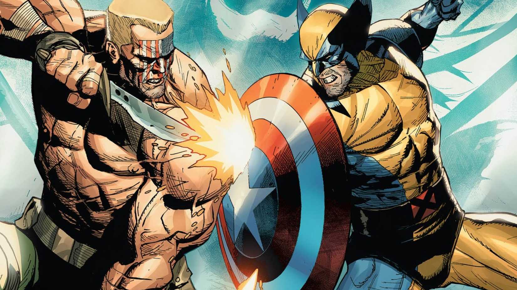 wolverine using captain america's shield to fight nuke