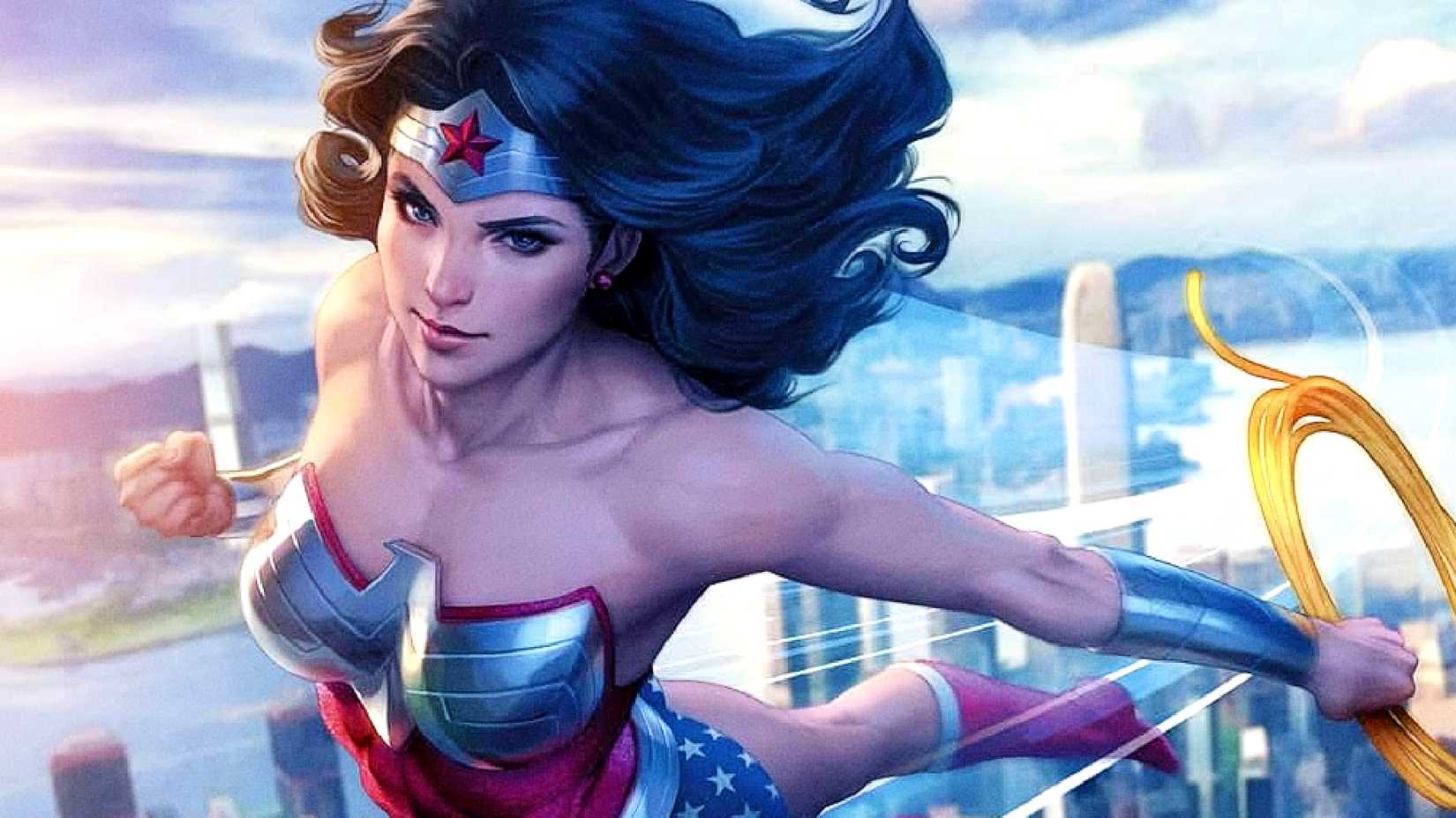 Wonder Woman flies across a city carrying the lasso of truth in DC Comics art by Artgerm