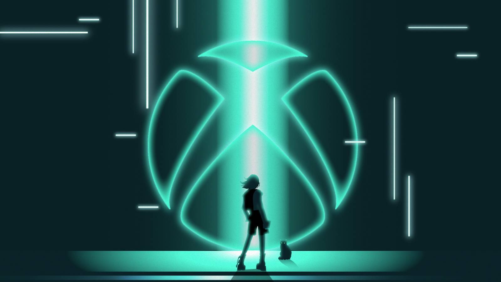 A person and their cat stand if front of a neon version of the Xbox logo.