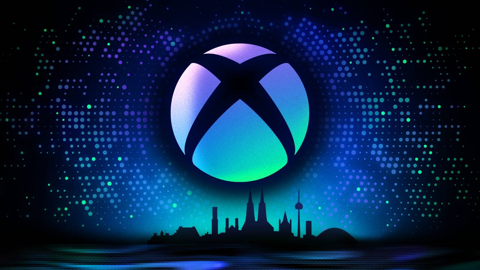 The Xbox logo hovers above the sillouette of the city of Cologne.