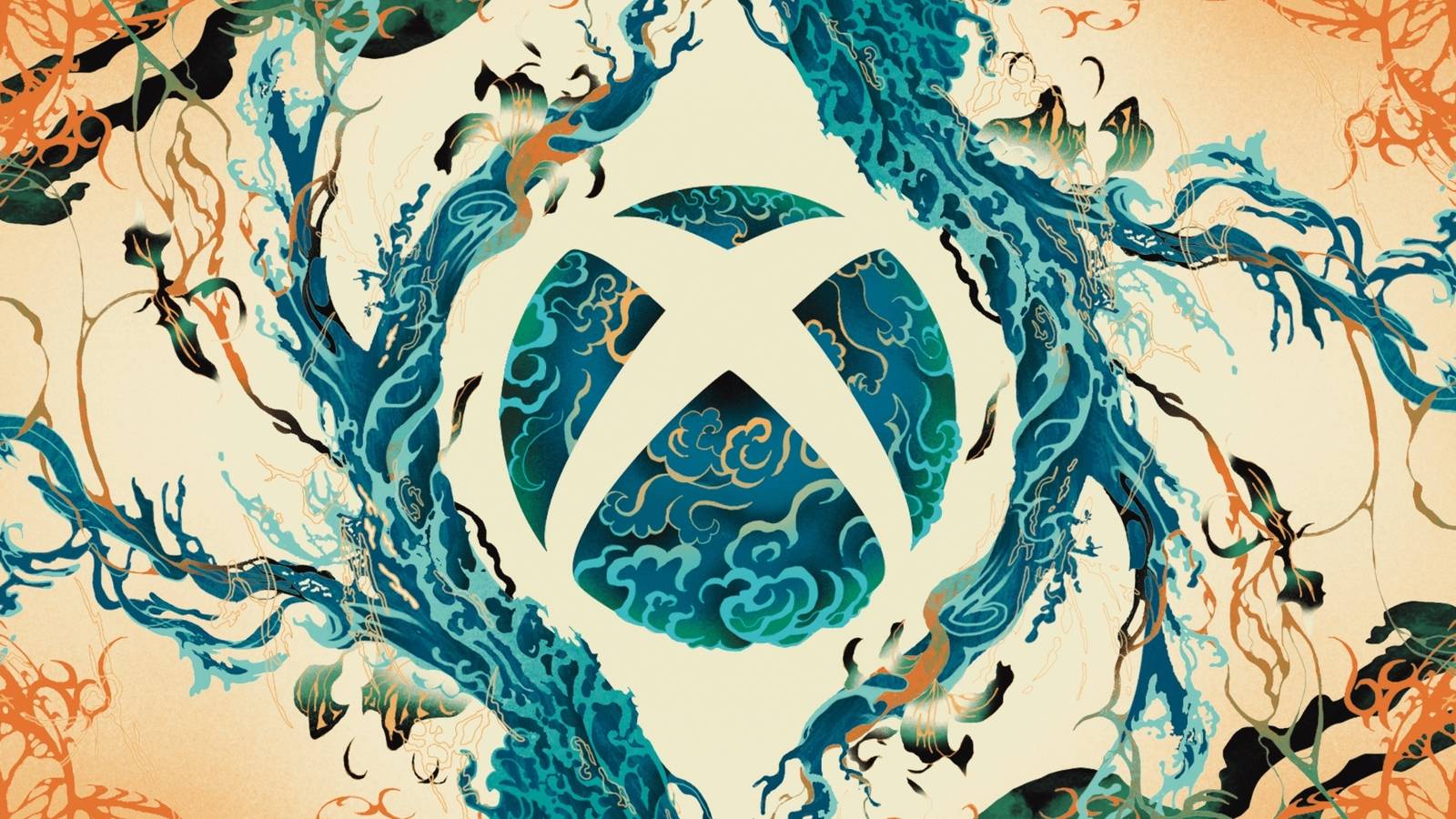 The Xbox logo surrounded by two trees.