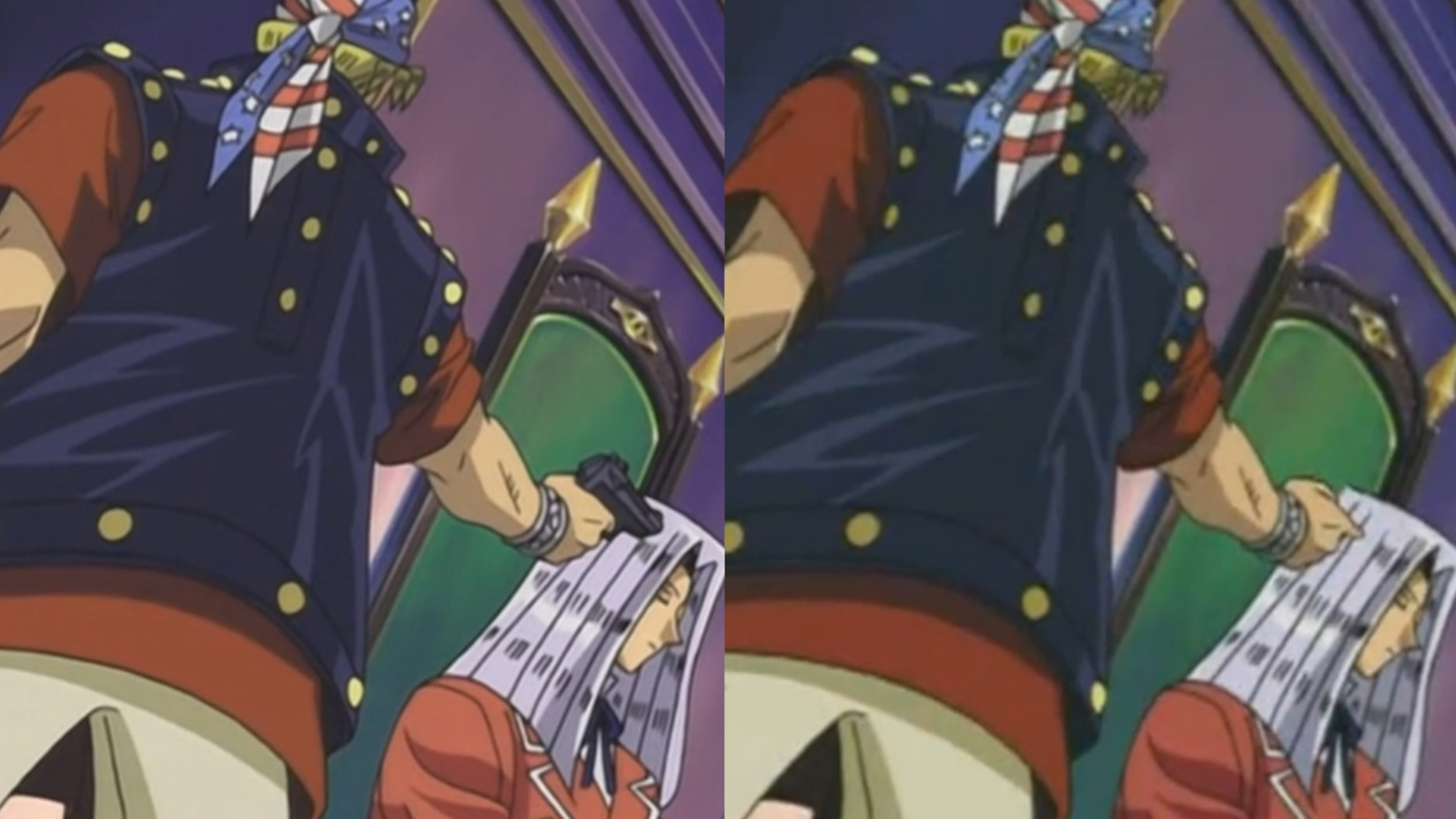 Yu-Gi-Oh! with Bandit Keith pointing his gun at Pegasus