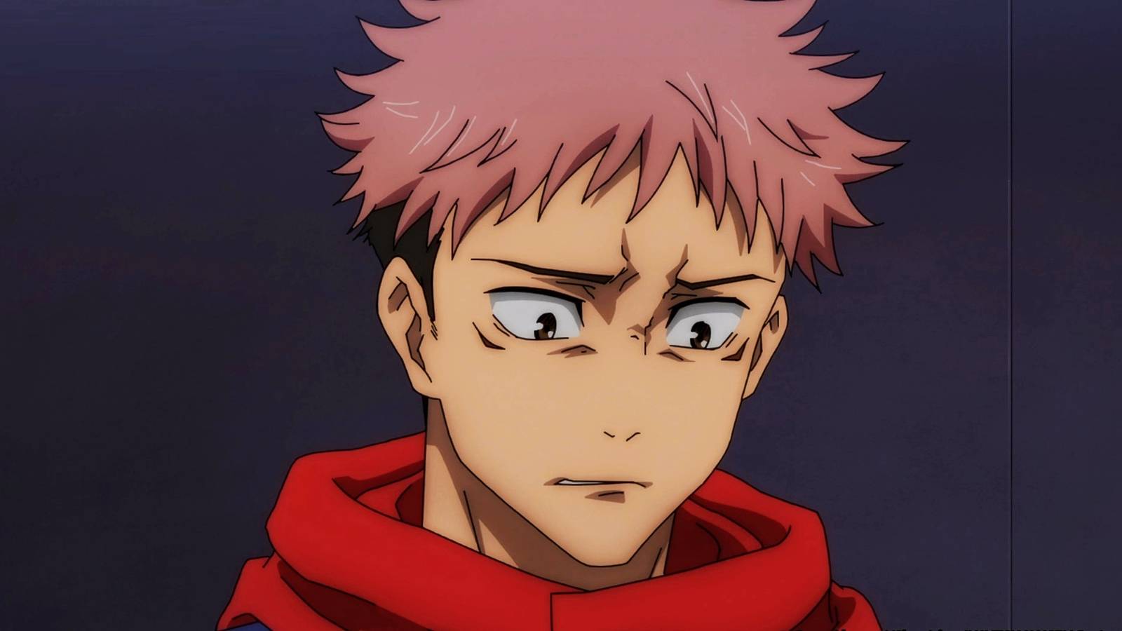 Yuji from Jujutsu Kaisen anime with a sad expression
