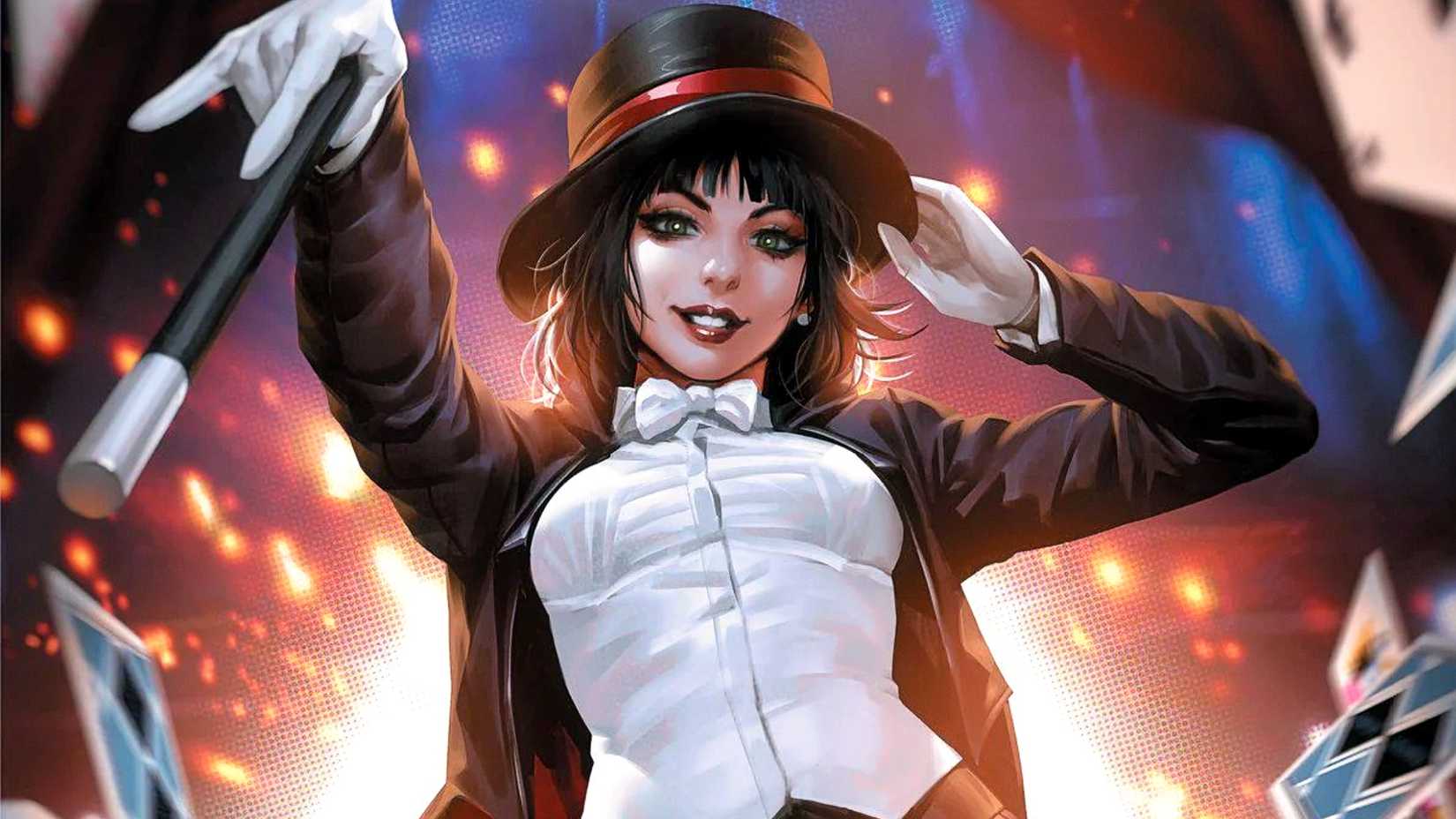 Zatanna Zatara машет волшебной палочкой и держит шляпу в комиксах DC