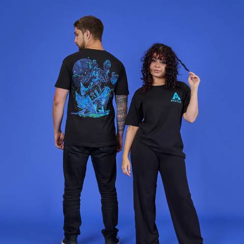 Two models wearing Avatar: Fire and Ash shirts