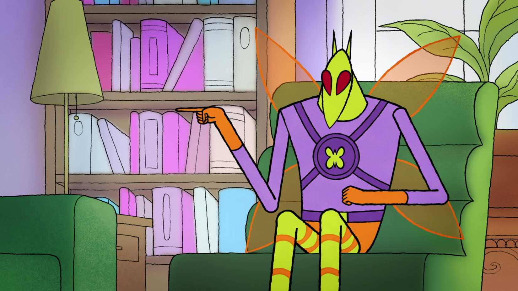 Killer Moth sitting on a couch in Bat-Fam