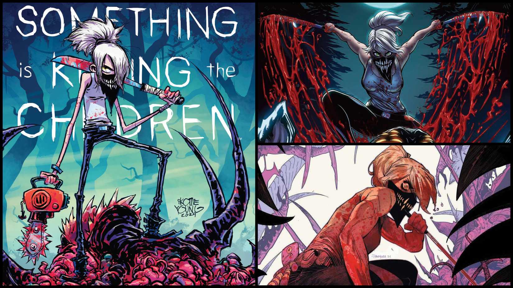 7 Upcoming Animated Shows You Cannot Miss 1 A collage of Something Is Killing The Children comic book covers show Erica Slaughter in action and surrounded by gore