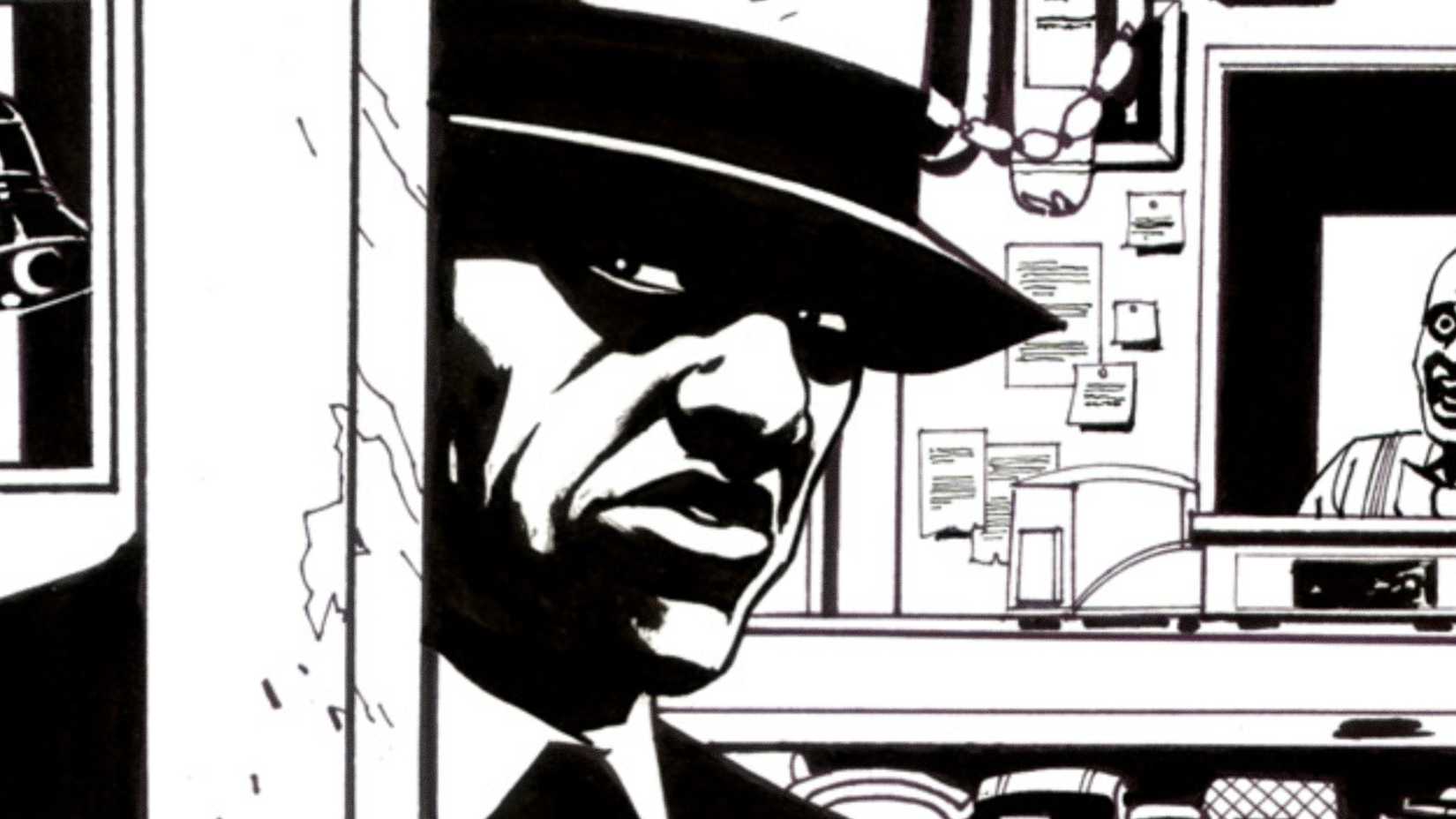 A man wearing a hat looks through a window in Brian Michael Bendis' Torso black-and-white comic