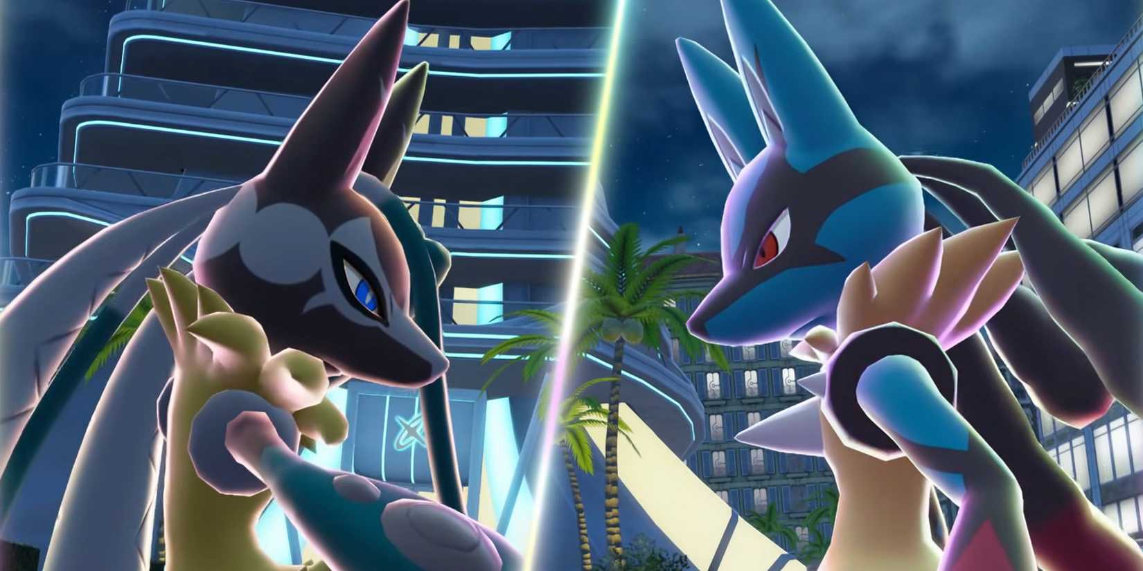A split screen showing visual differences between Lucario and Mega Lucario Z.