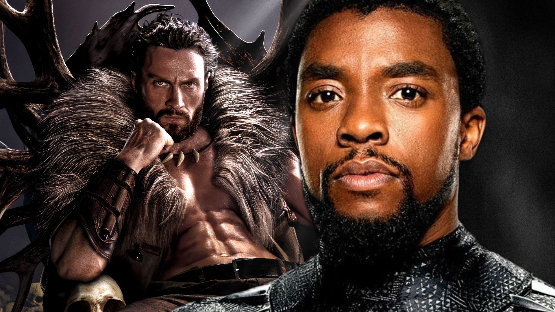 Aaron Taylor Johnson's Kraven the Hunter sits proudly next to Chadwick Boseman's T'Challa aka the MCU's Black Panther