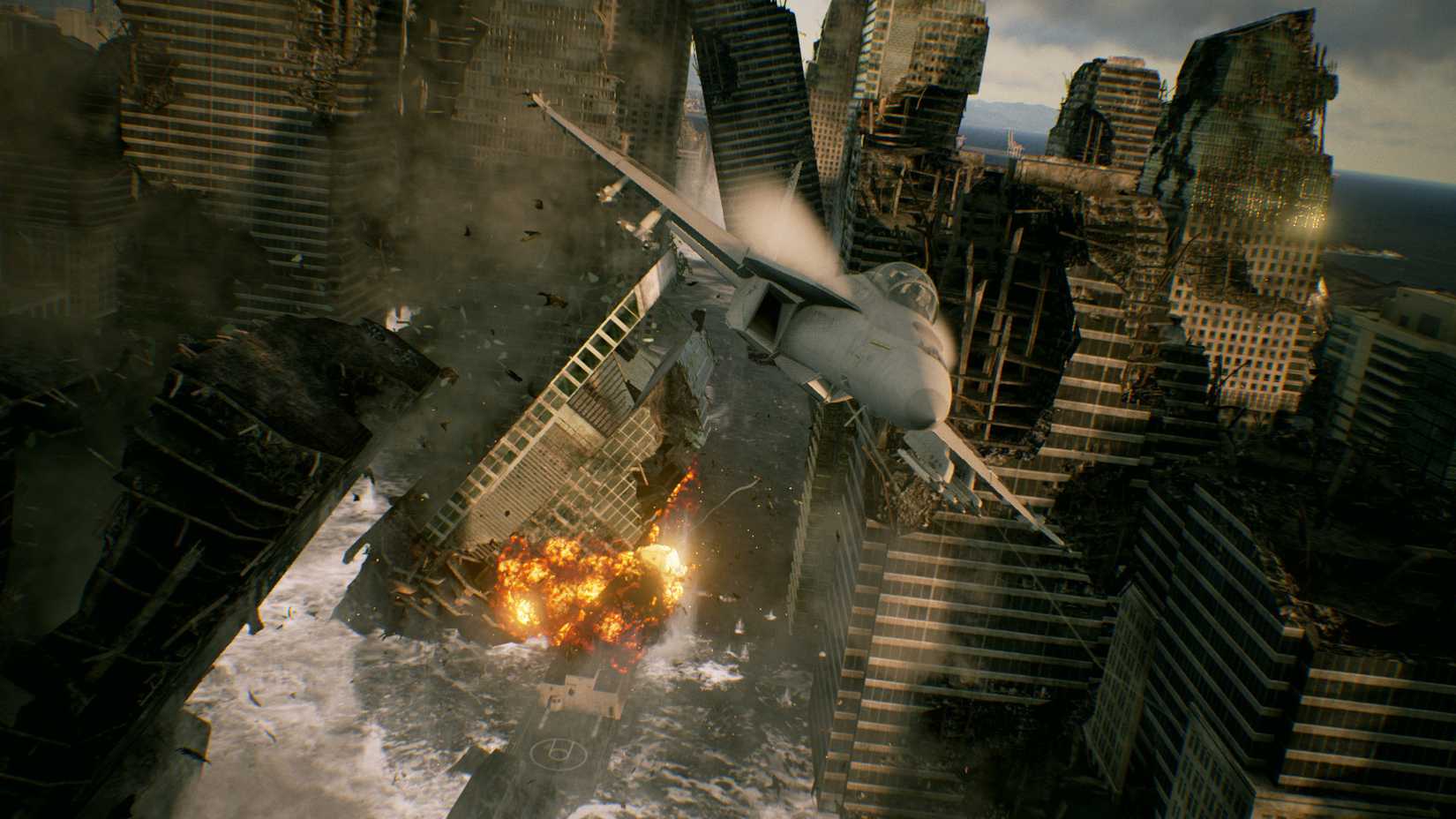 Ace Combat 7 Screenshot of plane flying away from destroyed buildings