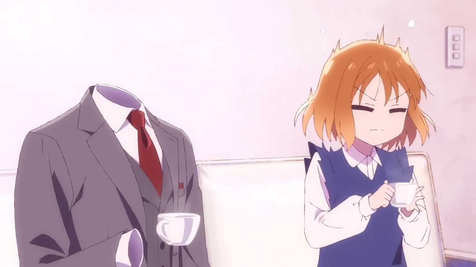 Akira and Shizuka drinking tear in The Invisible Man and His Soon-to-Be-Wife anime