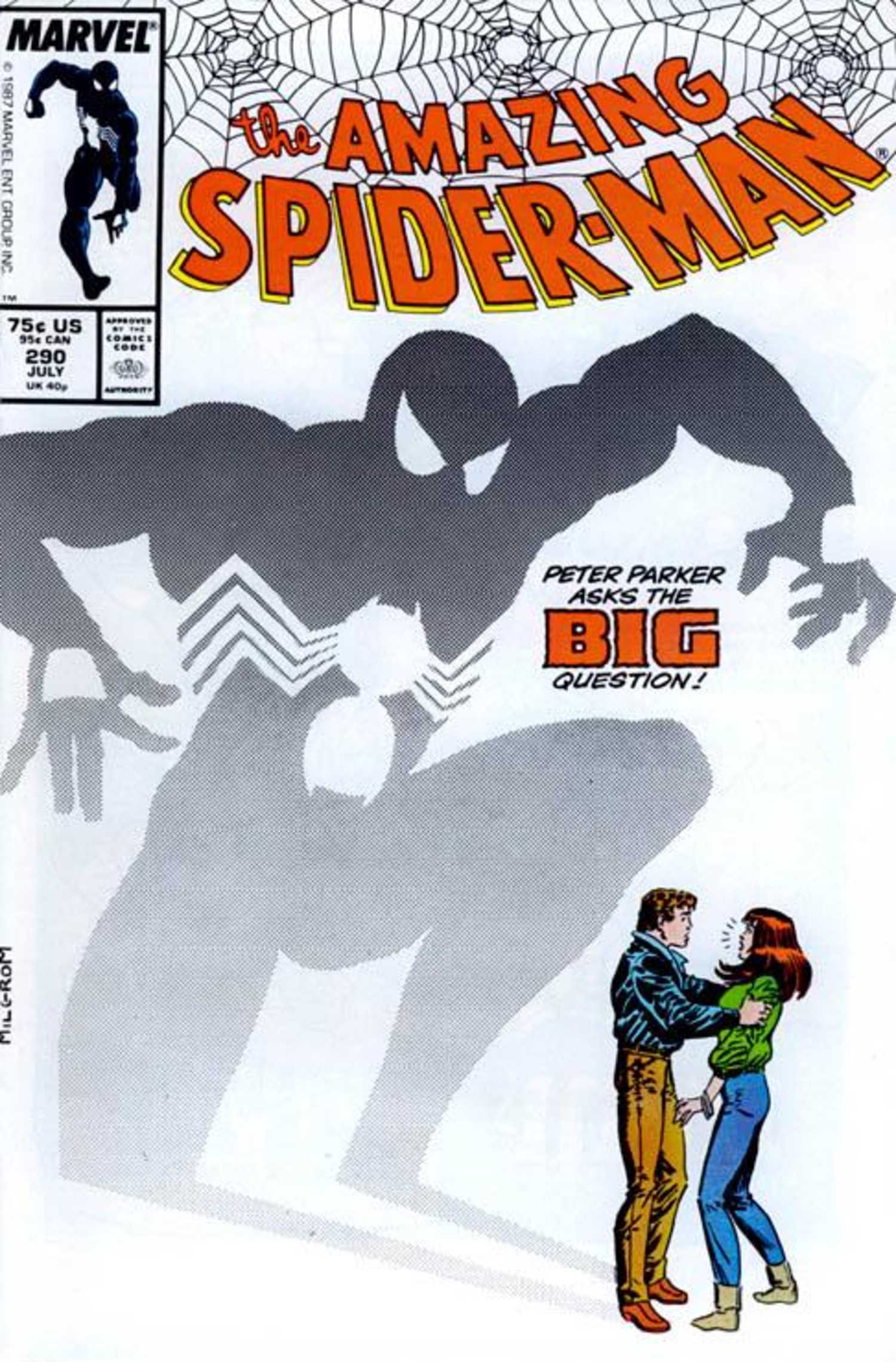 Amazing Spider-Man #290 cover, Spider-Man's silhouette looms over Peter Parker and Mary Jane