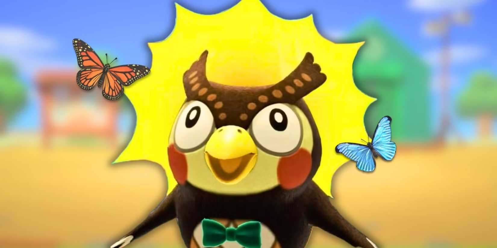 Blathers נראה מופתע ב- Animal Crossing New Horizons.