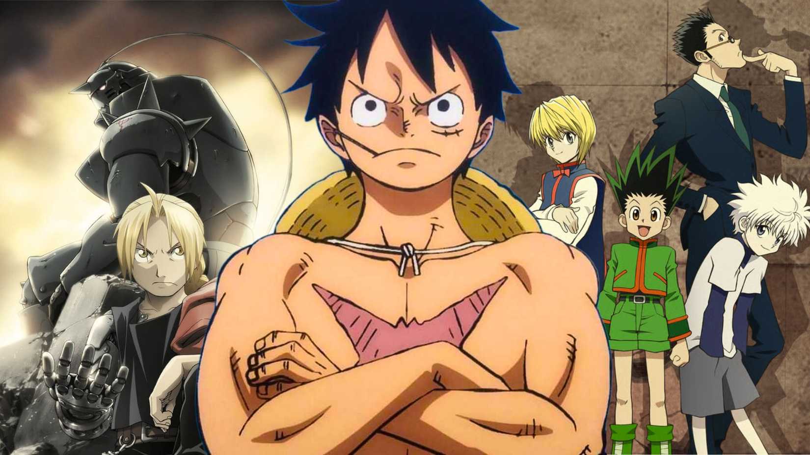 Luffy standing before Fullmetal Alchemist: Brotherhood and Hunter x Hunter visuals