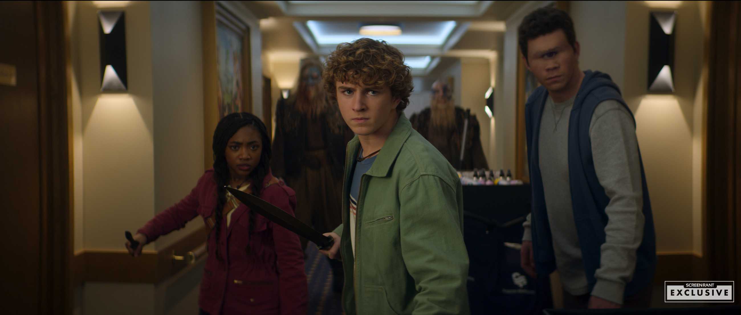 Annabeth (Leah Jeffries), Percy (Walker Scobell), and Tyson (Daniel Diemer) in Percy Jackson & the Olympians season 2