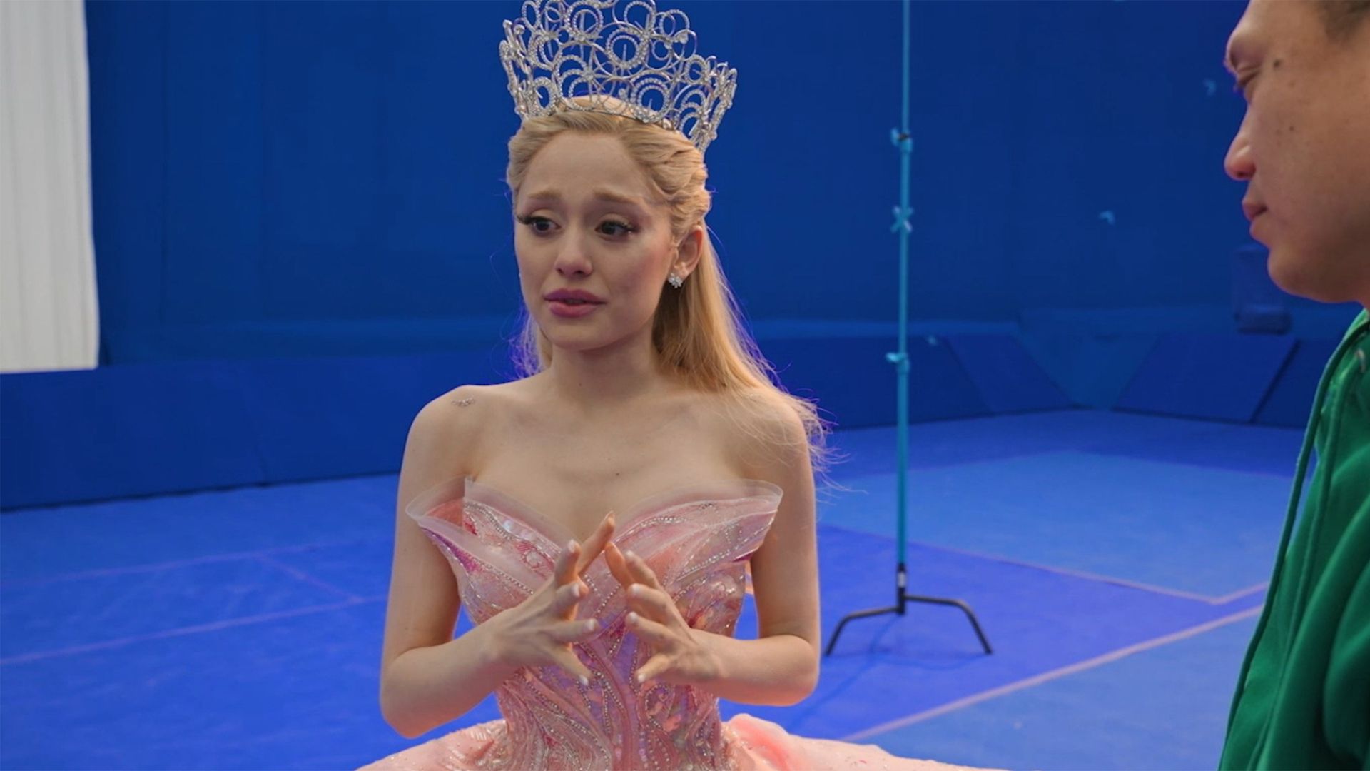 Ariana Grande on bluescreen set while filming Wicked For Good