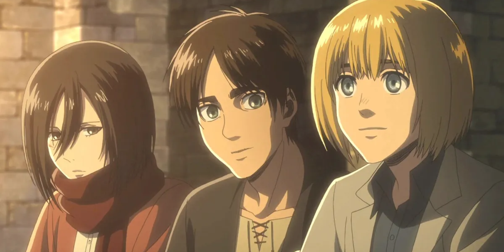 Attack on Titan anime featured image - Eren Yeager, Mikasa Ackerman, and Armin Arlet sitting next to each other
