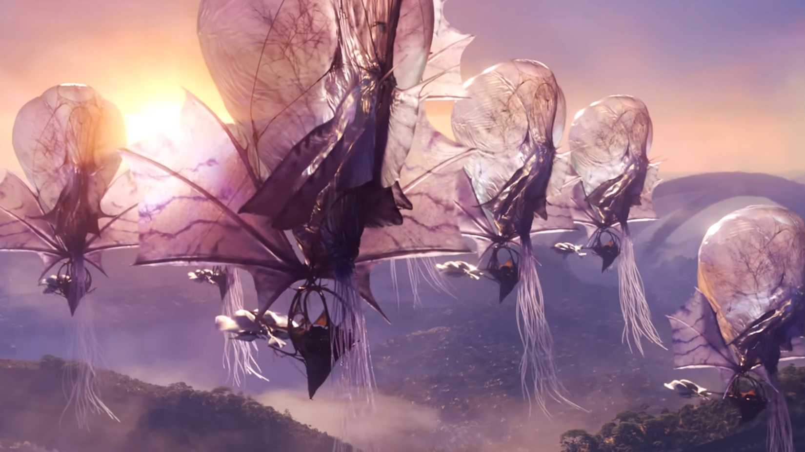 Navios de Avatar: Fire and Ash explorando os céus de Pandora.