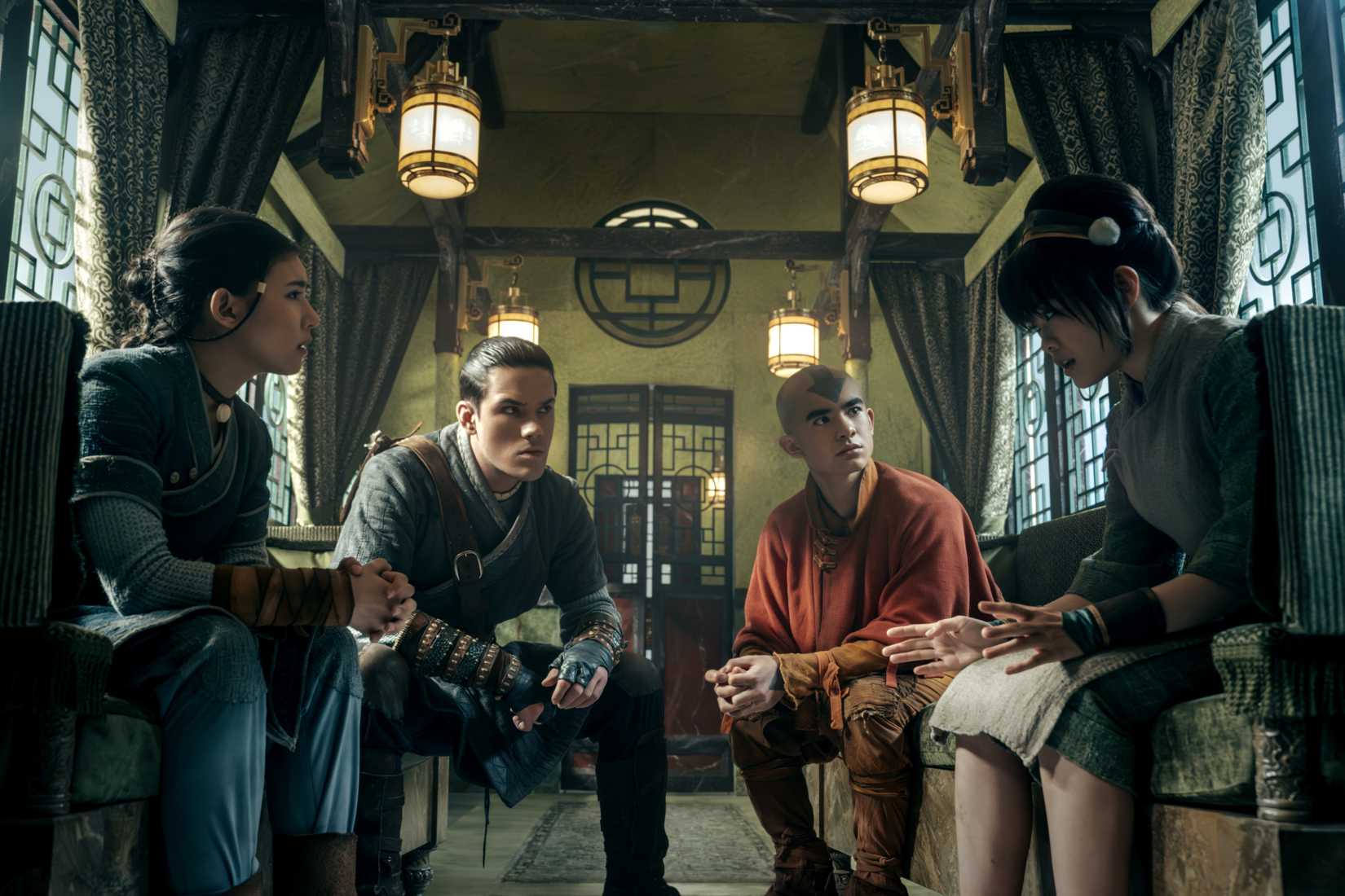Aang Katara Sokka and Toph speaking together in Avatar The Last Airbender season 2