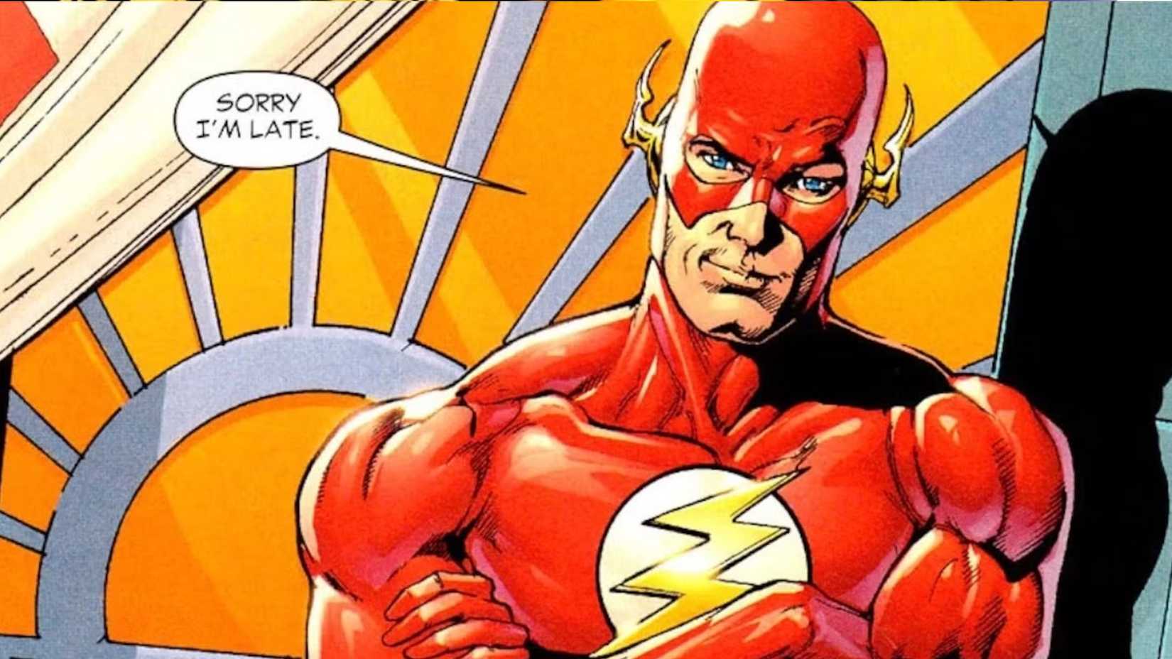 Barry Allen, the second Flash, leaning against a wall with smirk, saying "Sorry I'm late."