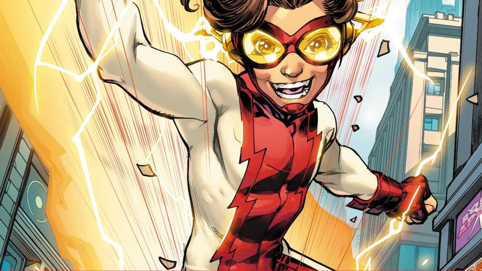 Bart Allen, aka Impulse, running with a big smile on his face.