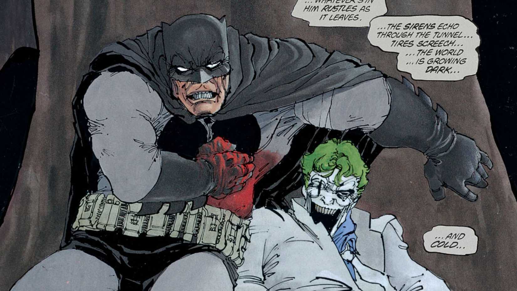 A panel from the Dark Knight returns that shows an injured Batman and a dead Joker.