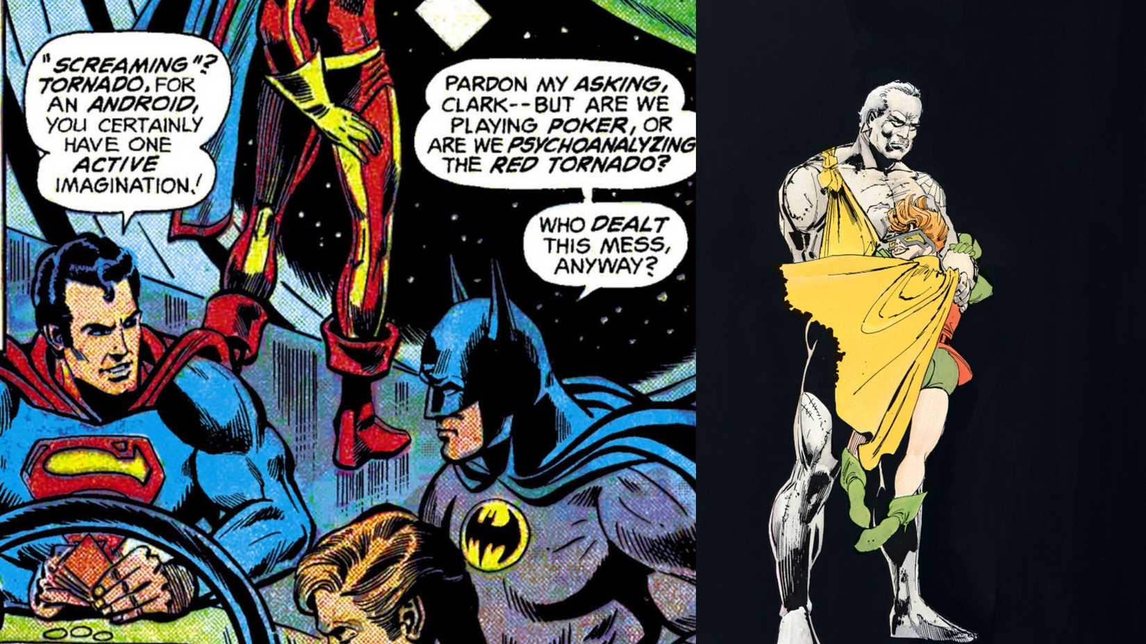 Two images. The first shows Batman and Superman play poker. The second is a nude Batman looking angry and being hugged by Robin.