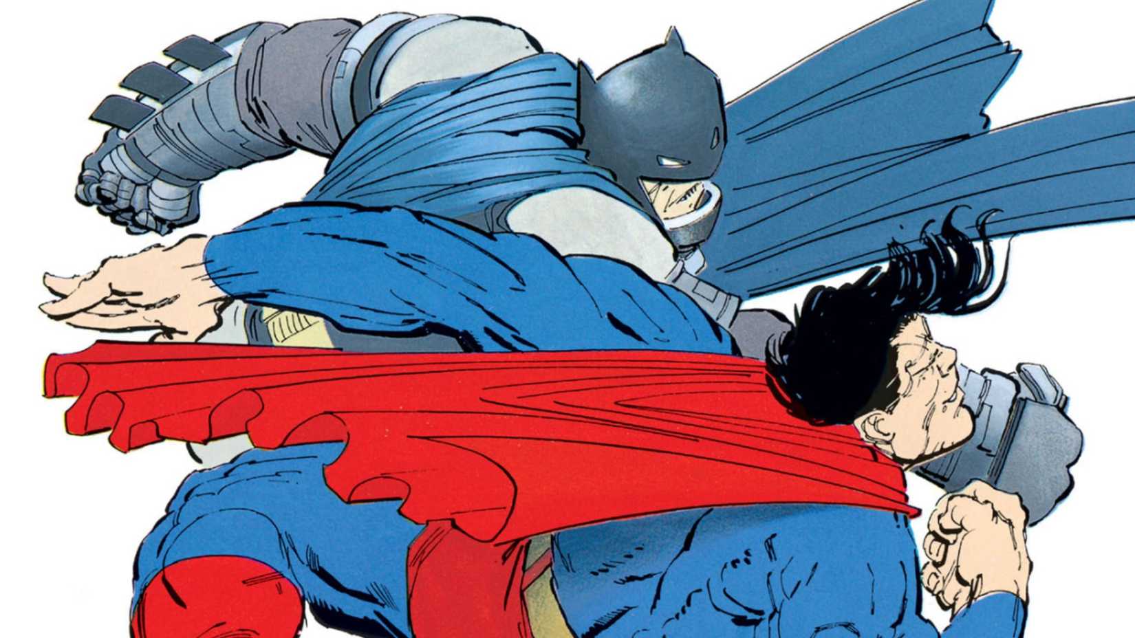 Batman, wearing armor, punches Superman in The Dark Knight Returns.