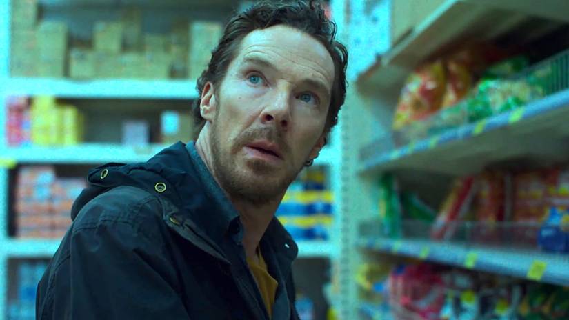 Benedict Cumberbatch's Dad looking upward and shocked in a grocery store in The Thing with Feathers