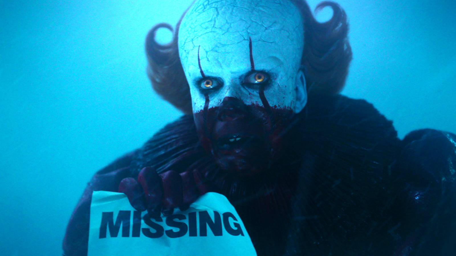 Bill Skarsgård's Pennywise looking in thought while holding a missing poster in a foggy setting in IT: Welcome to Derry episode 8