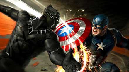 Black Panther raya el escudo de vibranio del Capitán América con sus garras en el arte conceptual de MCU Civil War