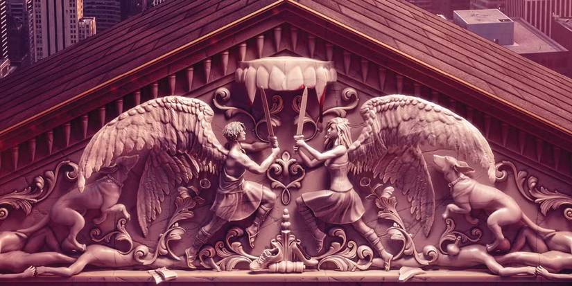 Capa do livro Blue Bloods mostra dois anjos lutando sob presas de vampiro ensanguentadas