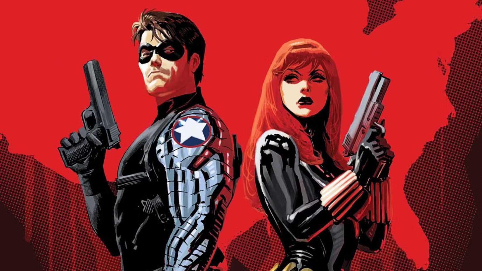 Bucky Barnes aka the Winter Soldier and Natasha Romanoff aka Black Widow stand back to back wielding their guns