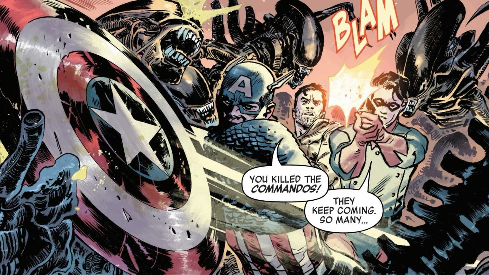 Captain America and Bucky Surrounded by Xenomorphs