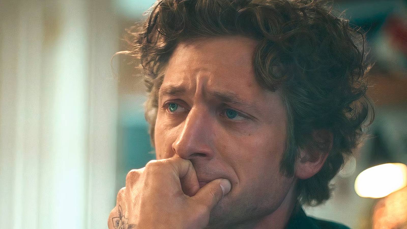 Carmy covering his mouth looking distressed in The Bear season 4 (1)