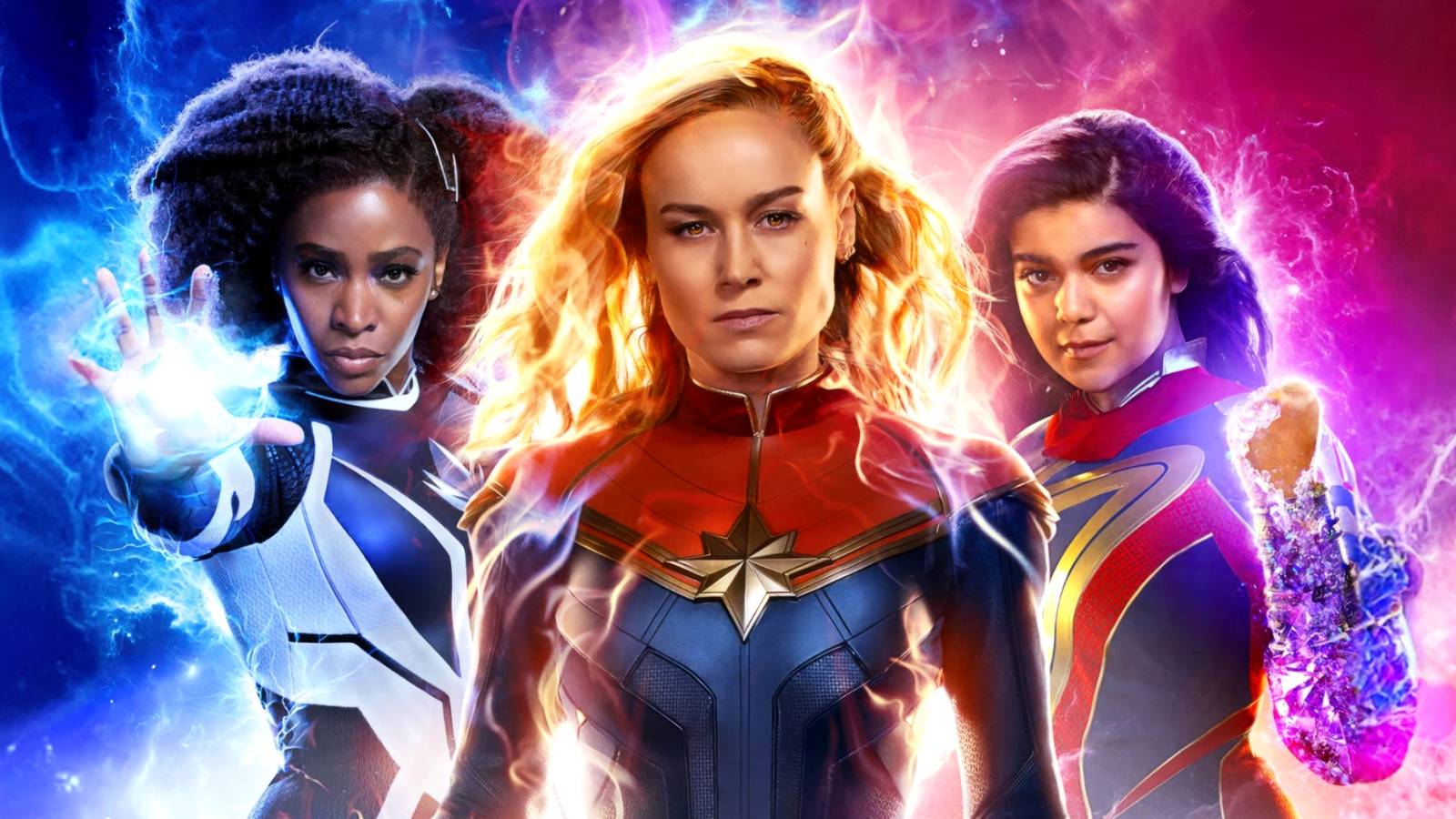 Carol Danvers, Kamala Khan, and Monica Rambeau emit energy together in The Marvels MCU poster
