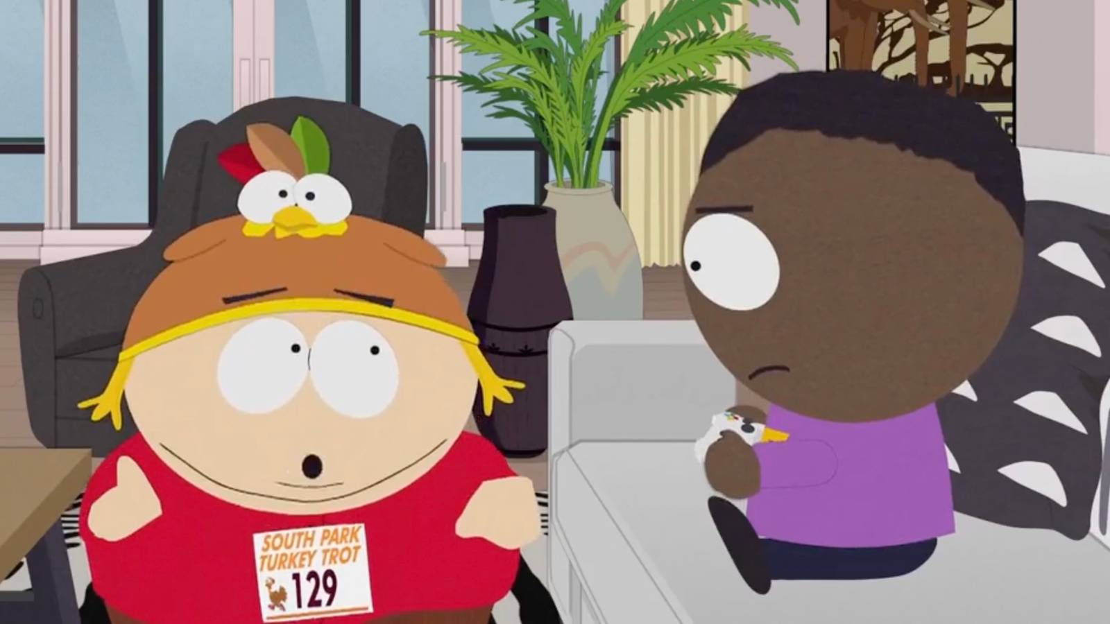 Cartman talks to Tolkien as he sits on the couch in South Park season 28 episode 4