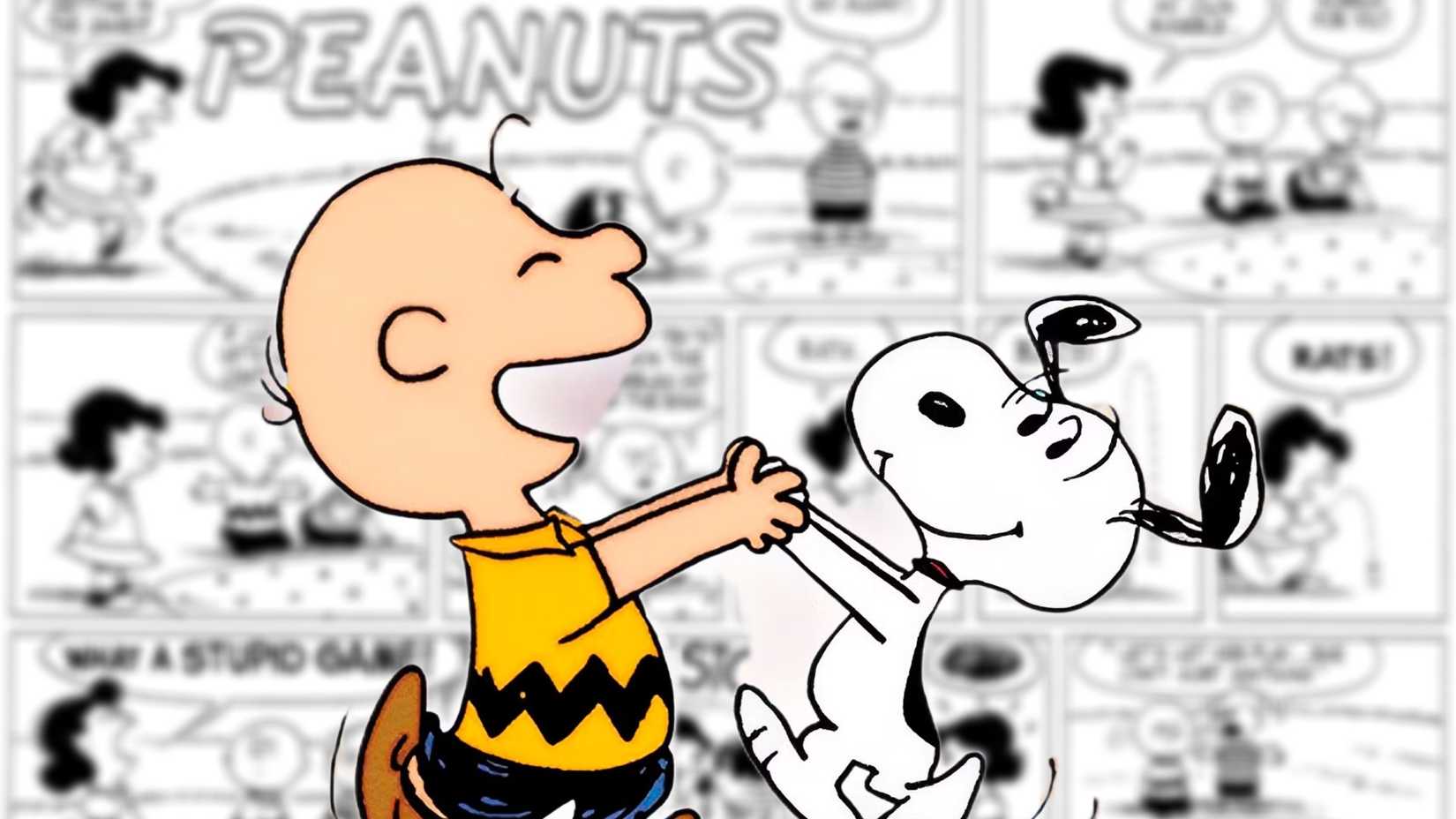 Charlie Brown and Snoopy dancing (foreground) with a Peanut strip in the background