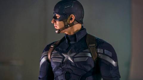 Chris Evans' Captain America with his stealth suit from Captain America: The Winter Soldier looking to the side