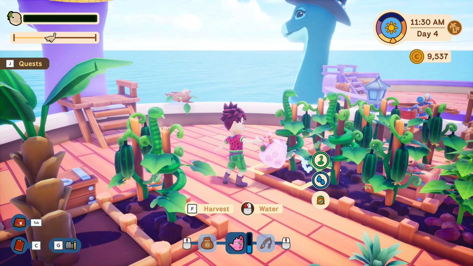 Collector's Cove screenshot of a character tending to crops on a floating farm