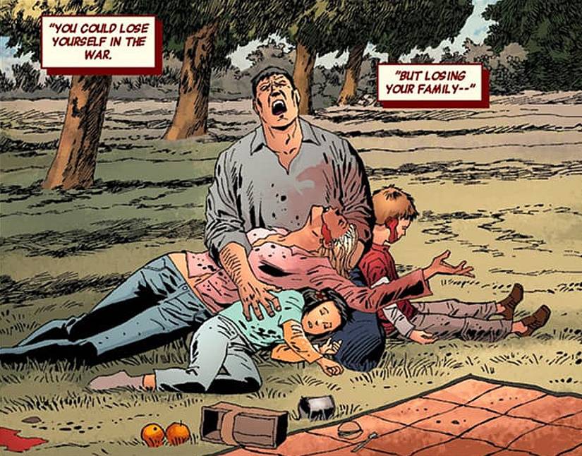 Comic panel, Frank Castle clutches his dead family