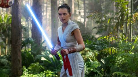 Daisy Ridley as Rey training in Star Wars: The Rise of Skywalker.