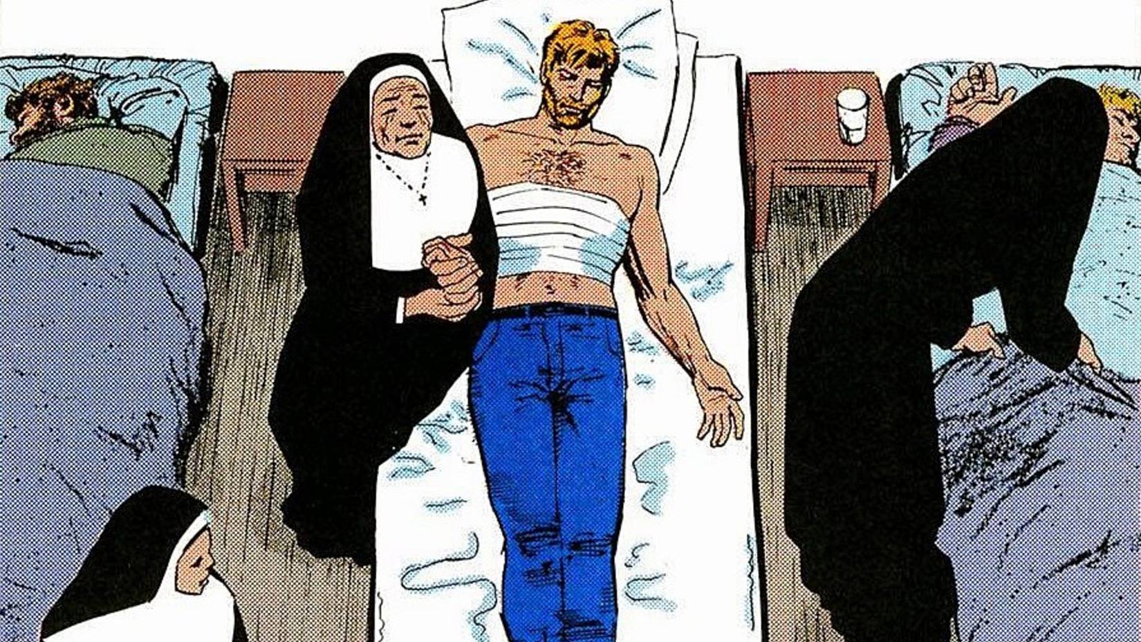 Pannello di Daredevil, Matt Murdock a letto, con le fasciature sul petto. Una suora gli tiene la mano.